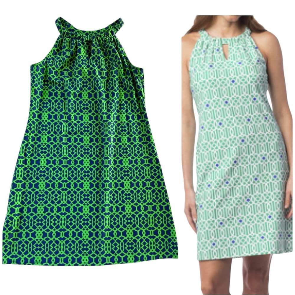 Jude Connally Lisa Tank Dress Size Small Navy Green Geo Print Slinky Jude Cloth